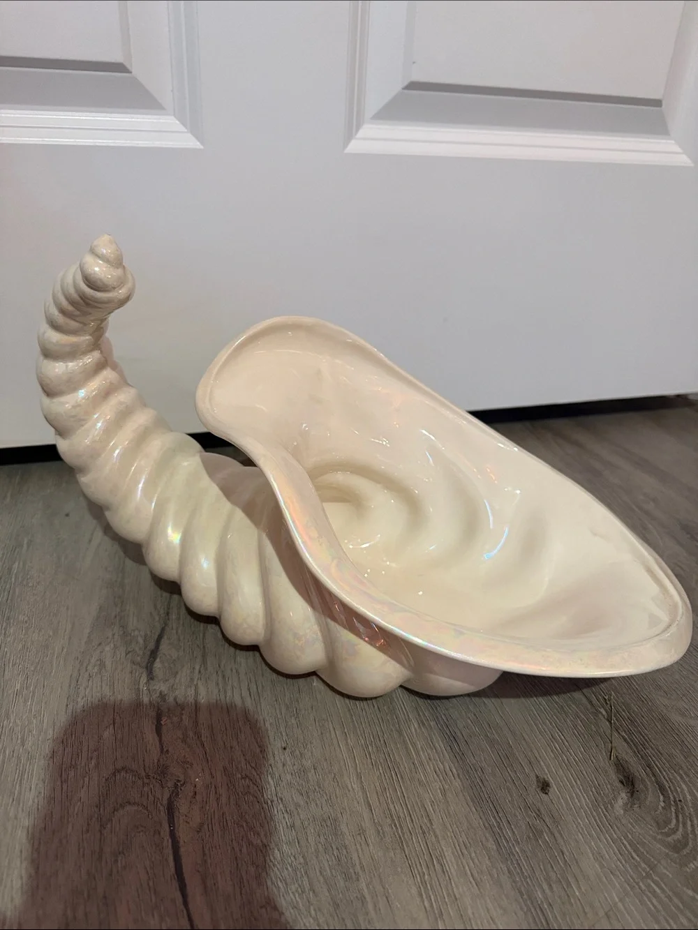 Vintage Iridescent White Ceramic Cornucopia Vase | Pearl Luster Horn of Plenty 💕